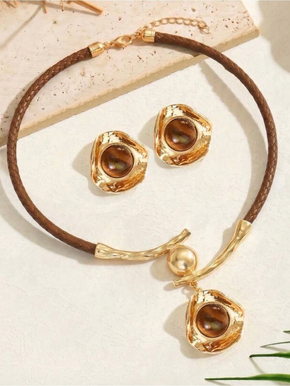 Brown Braided Choker Necklace & Earrings Statement Set - Picture 5 of 5